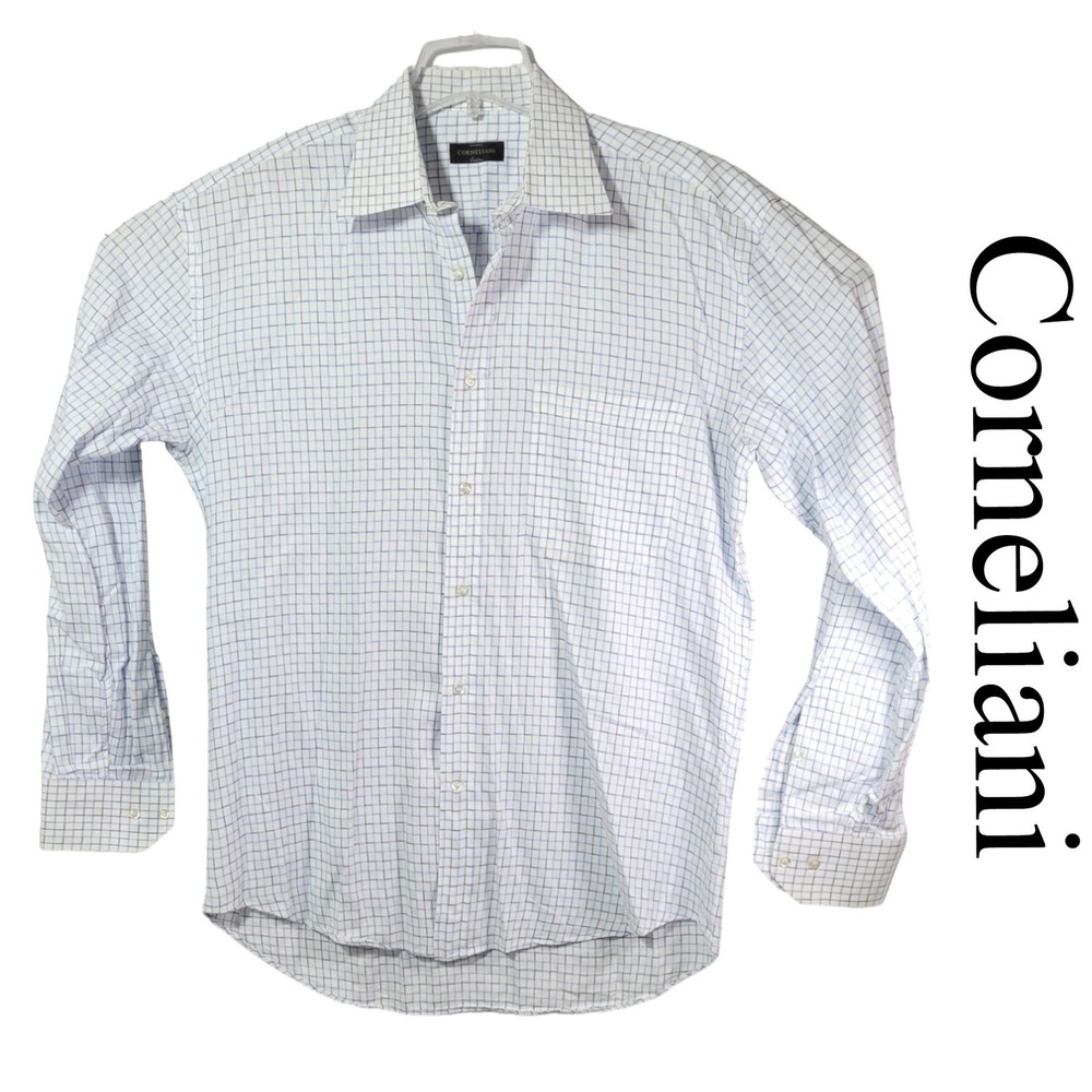 Corneliani Dress Shirt Mens 17 43 Blue White Cotton Grid Italy Luxury Classic‎